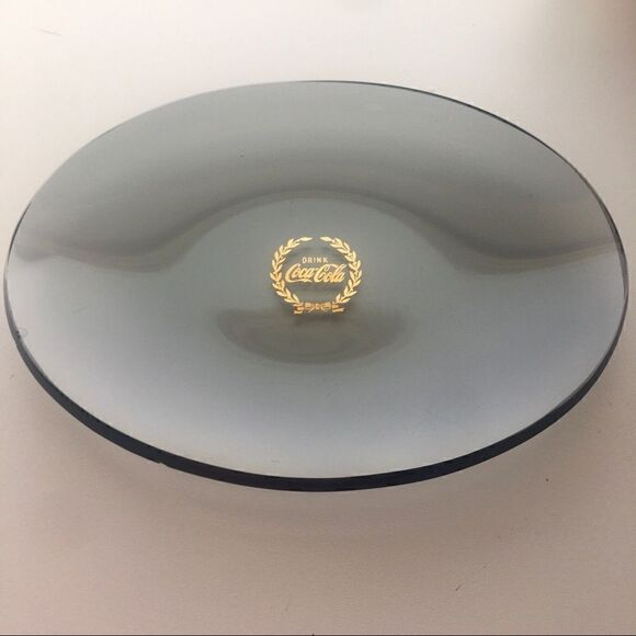 Drink Coca Cola Gold Laurel Wreath Bow Oval Smokey Glass Plate Dish FLAWED - Picture 5 of 13